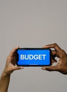 Hands holding a smartphone displaying the word 'BUDGET',' illustrating a financial concept.